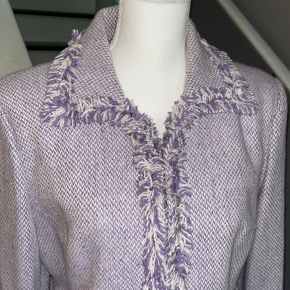 E by ECI Purple & White tweed two-piece suit. Has fringe purple rhinestones
